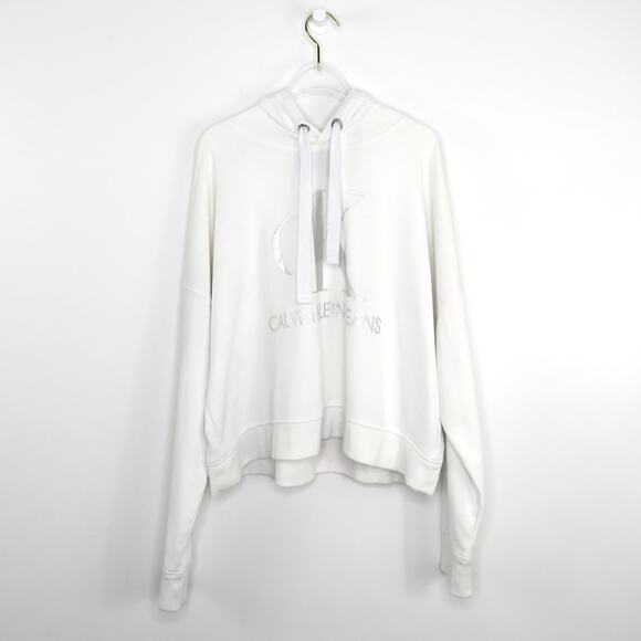 Calvin Klein White Graphic Logo Hoodie Silver Logo Metallic Large - Picture 2 of 6